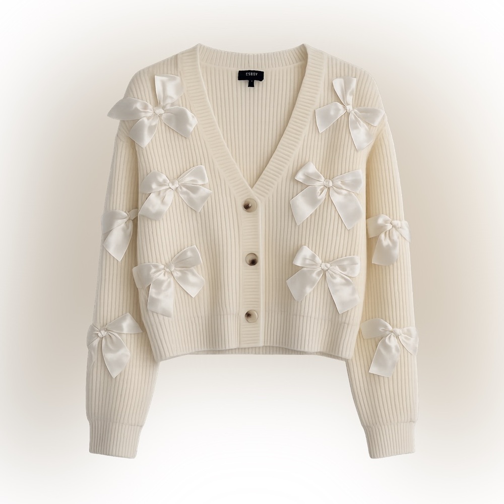 Chic Cream Cardigan with Satin Bow Details